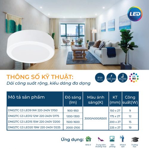 Bộ đèn ốp trần Philips LED tròn lắp nổi DN027C Công suất (9W, 12W, 15W, 19W)