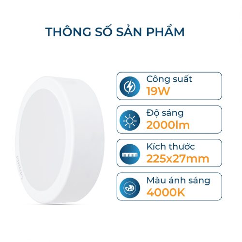 Bộ đèn ốp trần Philips LED tròn lắp nổi DN027C Công suất (9W, 12W, 15W, 19W)