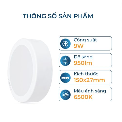 Bộ đèn ốp trần Philips LED tròn lắp nổi DN027C Công suất (9W, 12W, 15W, 19W)