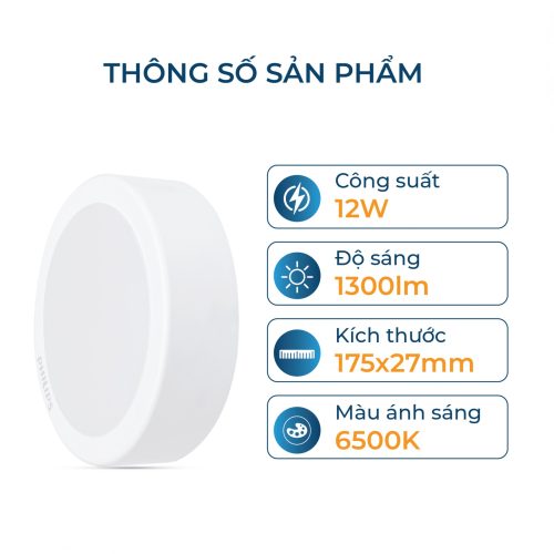 Bộ đèn ốp trần Philips LED tròn lắp nổi DN027C Công suất (9W, 12W, 15W, 19W)