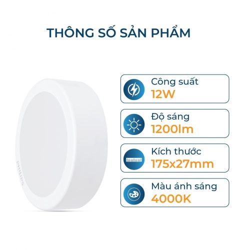 Bộ đèn ốp trần Philips LED tròn lắp nổi DN027C Công suất (9W, 12W, 15W, 19W)